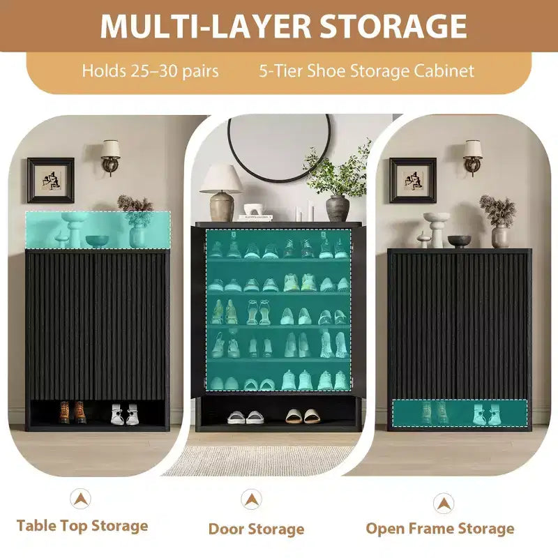 Shoe Cabinet  Modern Fluted Entryway Shoe Storage  31.5x13.8x41.3 Particleboard/MDF  Adjustable Shelves & Doors