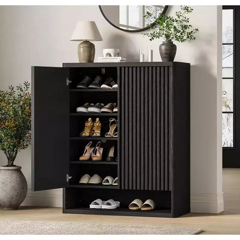Shoe Cabinet  Modern Fluted Entryway Shoe Storage  31.5x13.8x41.3 Particleboard/MDF  Adjustable Shelves & Doors