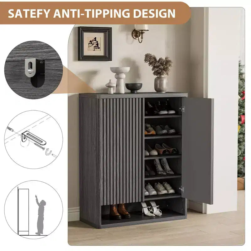 Shoe Cabinet  Modern Fluted Entryway Shoe Storage  31.5x13.8x41.3 Particleboard/MDF  Adjustable Shelves & Doors