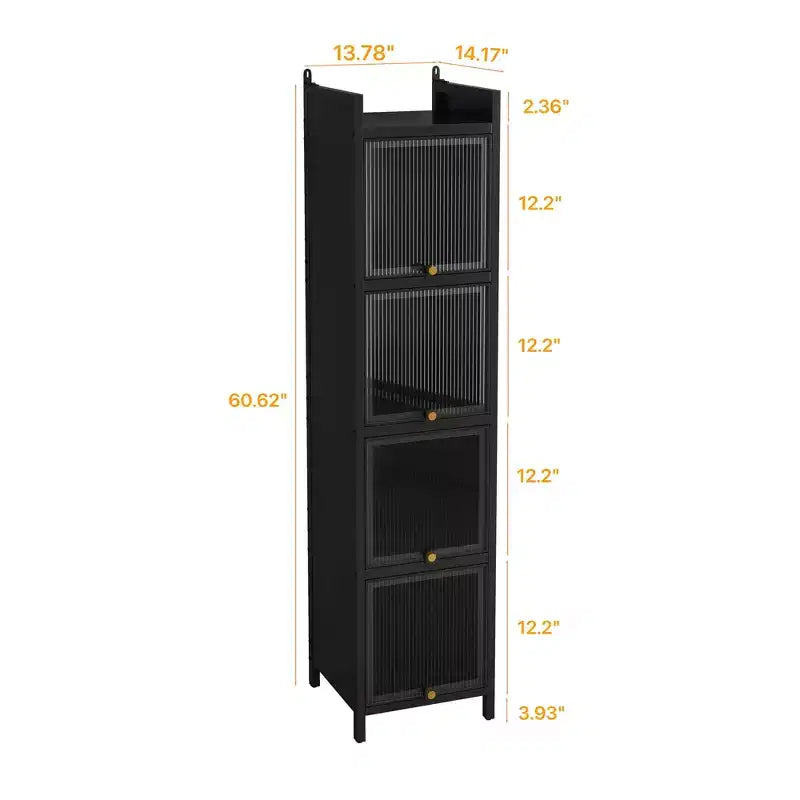 Modern Glass Door Display Cabinet, 4 Glass Doors with 5-Tier Storage for Living Room or Bathroom, Black