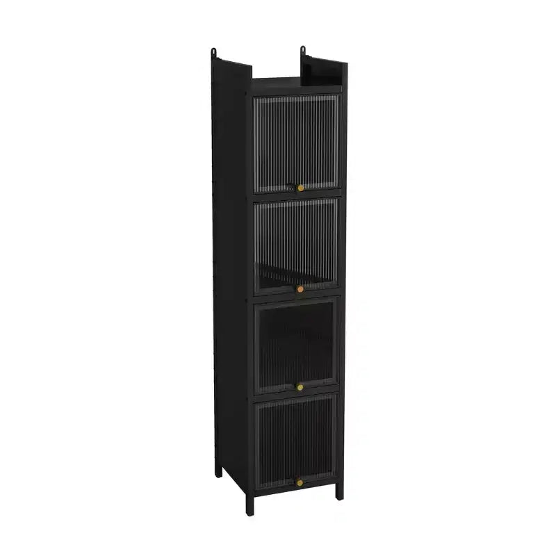 Modern Glass Door Display Cabinet, 4 Glass Doors with 5-Tier Storage for Living Room or Bathroom, Black
