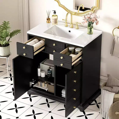 Meuble-lavabo de salle de bain de 91 cm de style rustique, avec évier, meuble de salle de bain moderne indépendant à lavabo simple avec 2 tiroirs et 2 placards