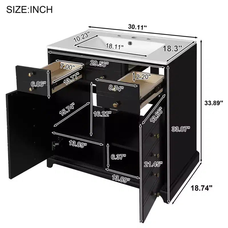 36 Farmhouse Bathroom Vanity with Sink, Single Sink Freestanding Modern Bathroom Vanity Storage Cabinet with 2 Drawers and 2 Cabinets