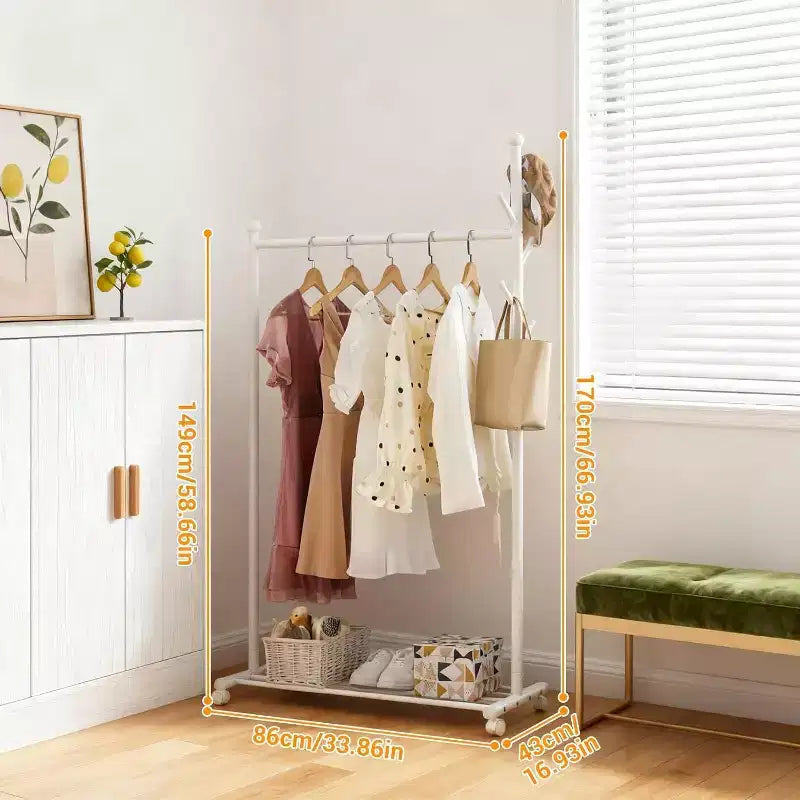 Metal Clothes Rack with Wheels, Freestanding Heavy-Duty Garment Rail, Bottom Storage Shelf & Hooks, Rolling Wardrobe Organizer for Bedroom, Closet