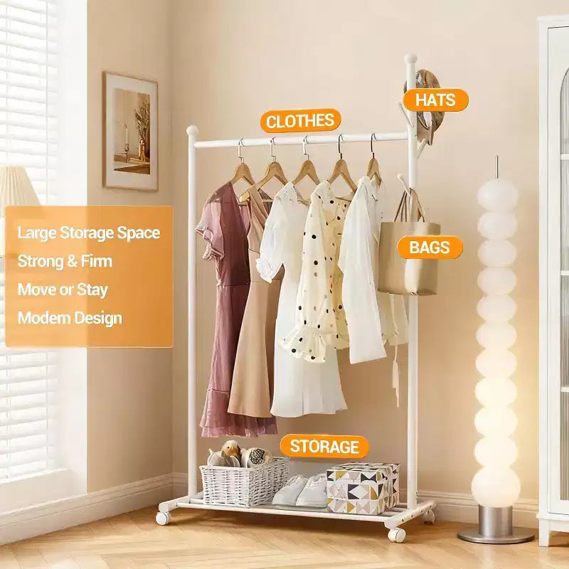 Metal Clothes Rack with Wheels, Freestanding Heavy-Duty Garment Rail, Bottom Storage Shelf & Hooks, Rolling Wardrobe Organizer for Bedroom, Closet