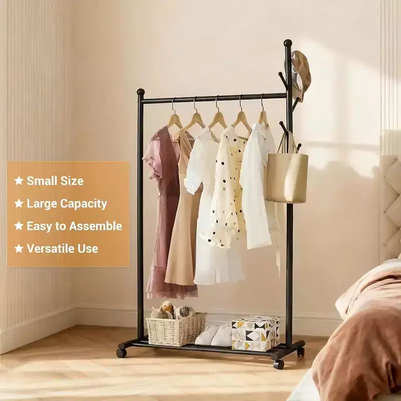 Metal Clothes Rack with Wheels, Freestanding Heavy-Duty Garment Rail, Bottom Storage Shelf & Hooks, Rolling Wardrobe Organizer for Bedroom, Closet