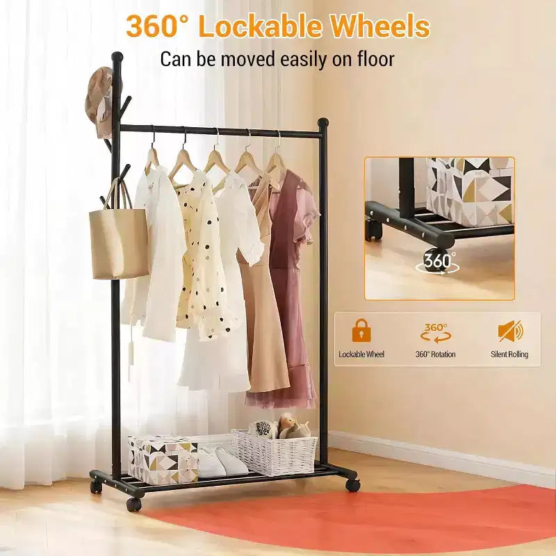 Metal Clothes Rack with Wheels, Freestanding Heavy-Duty Garment Rail, Bottom Storage Shelf & Hooks, Rolling Wardrobe Organizer for Bedroom, Closet