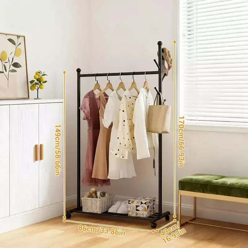 Metal Clothes Rack with Wheels, Freestanding Heavy-Duty Garment Rail, Bottom Storage Shelf & Hooks, Rolling Wardrobe Organizer for Bedroom, Closet