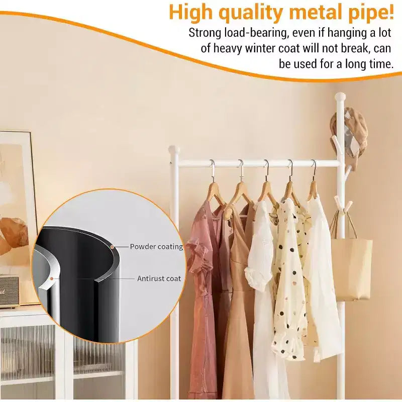 Metal Clothes Rack with Wheels, Freestanding Heavy-Duty Garment Rail, Bottom Storage Shelf & Hooks, Rolling Wardrobe Organizer for Bedroom, Closet