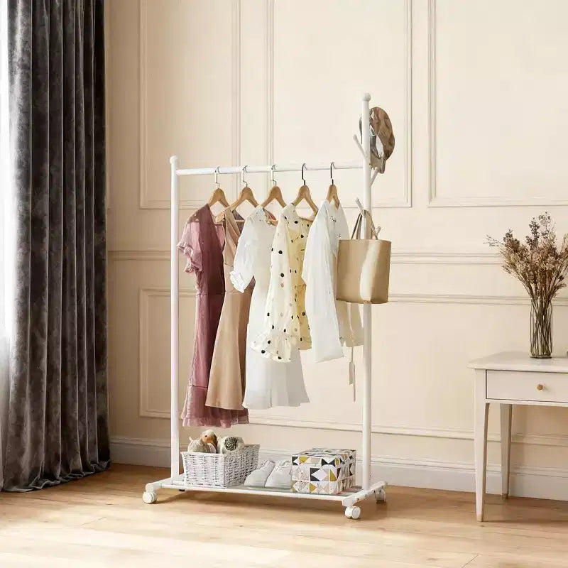 Portant à vêtements en métal avec roulettes, penderie mobile robuste sur pied, étagère de rangement inférieure et crochets, organisateur de garde-robe roulant pour chambre, placard