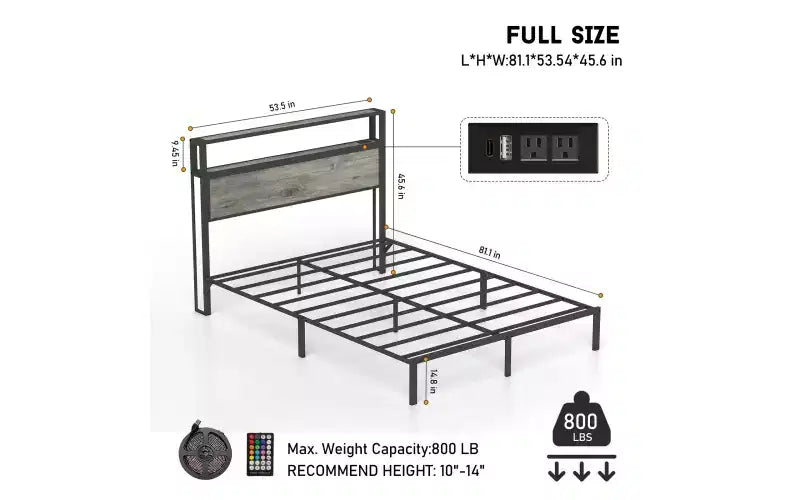 Platform Bed Frame with LED Light, USB Charging Station & Upholstered Headboard, Grey