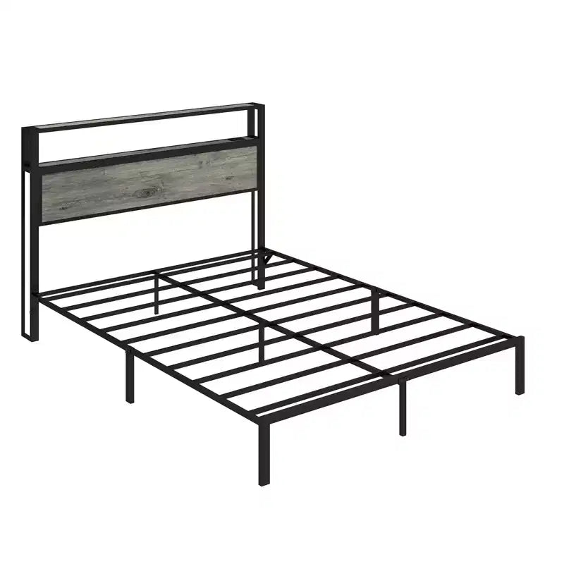 Platform Bed Frame with LED Light, USB Charging Station & Upholstered Headboard, Grey