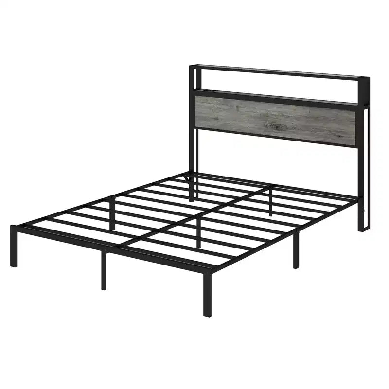 Platform Bed Frame with LED Light, USB Charging Station & Upholstered Headboard, Grey