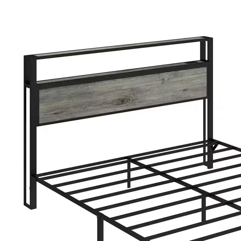 Platform Bed Frame with LED Light, USB Charging Station & Upholstered Headboard, Grey