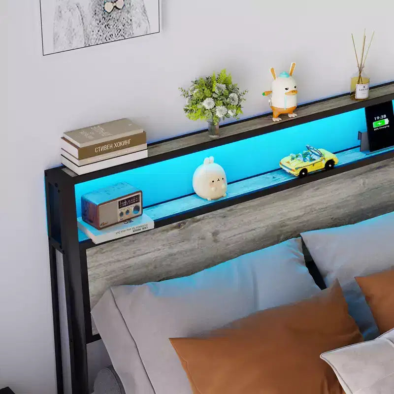 Platform Bed Frame with LED Light, USB Charging Station & Upholstered Headboard, Grey