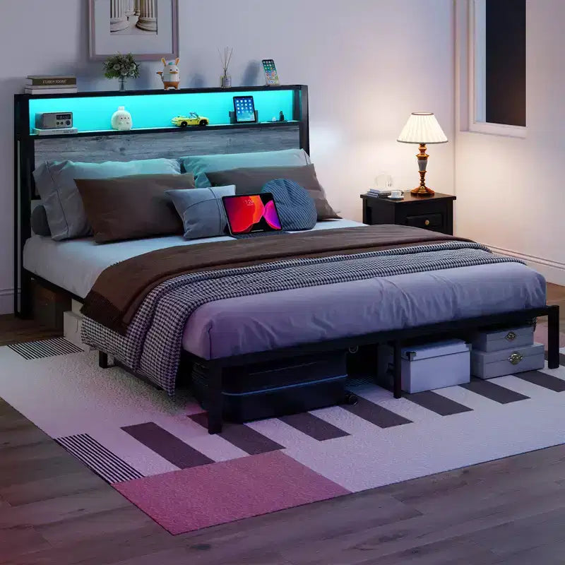 Platform Bed Frame with LED Light, USB Charging Station & Upholstered Headboard, Grey