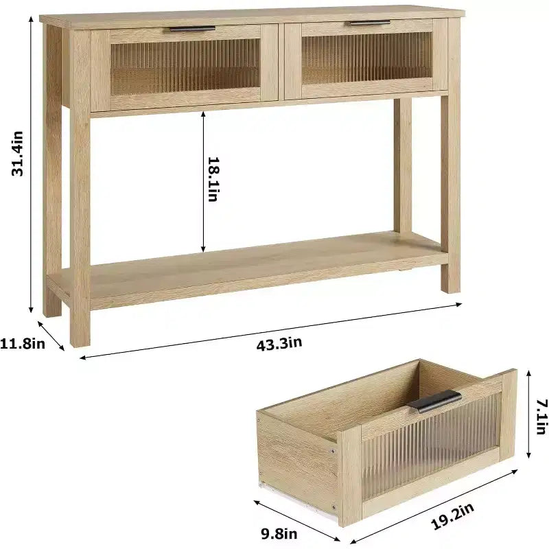 Rustic Farmhouse Console Table, 43", 2 Glass-Front Drawers, 2-Tier Open Shelf, Wooden Sofa Table