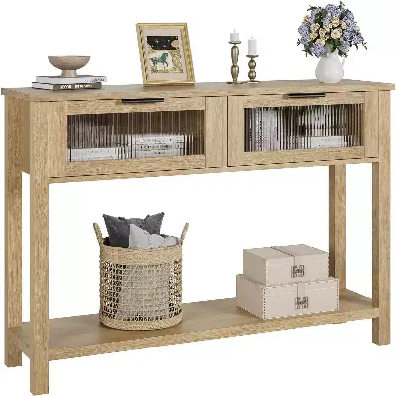 Rustic Farmhouse Console Table, 43", 2 Glass-Front Drawers, 2-Tier Open Shelf, Wooden Sofa Table