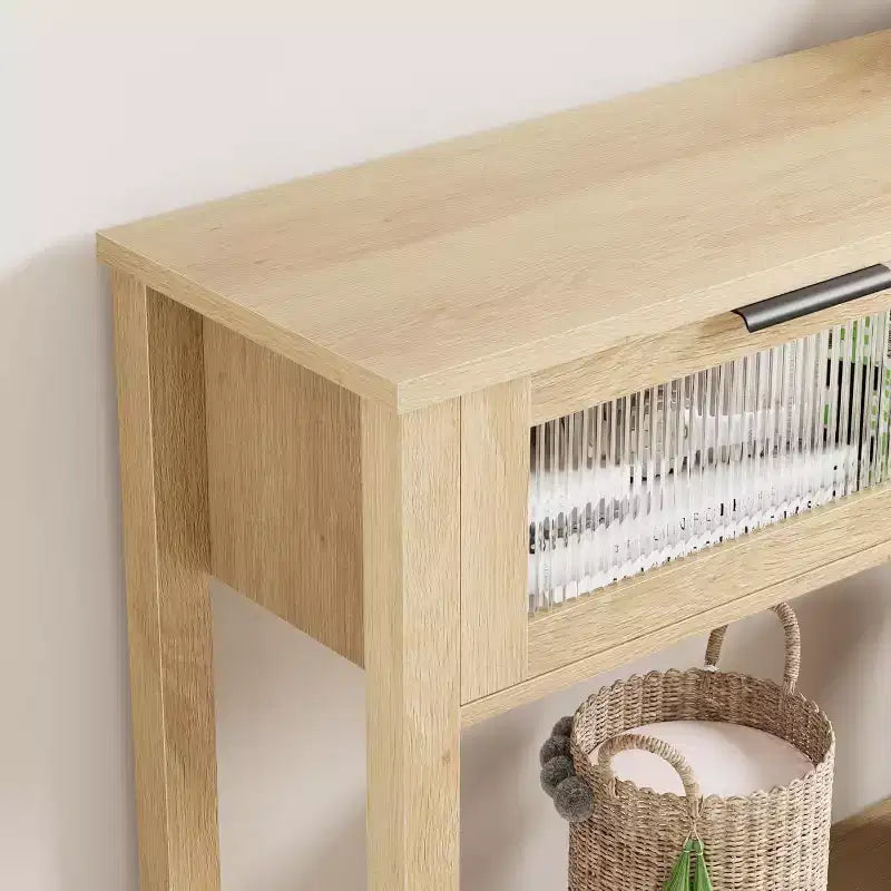 Rustic Farmhouse Console Table, 43", 2 Glass-Front Drawers, 2-Tier Open Shelf, Wooden Sofa Table