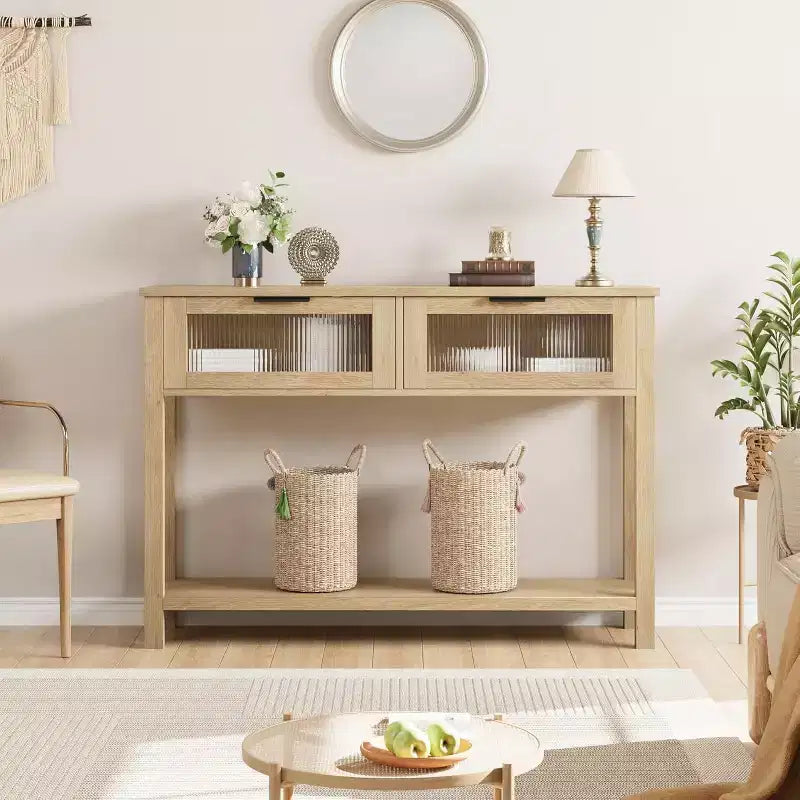 Rustic Farmhouse Console Table, 43", 2 Glass-Front Drawers, 2-Tier Open Shelf, Wooden Sofa Table