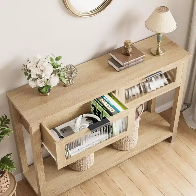 Rustic Farmhouse Console Table, 43", 2 Glass-Front Drawers, 2-Tier Open Shelf, Wooden Sofa Table