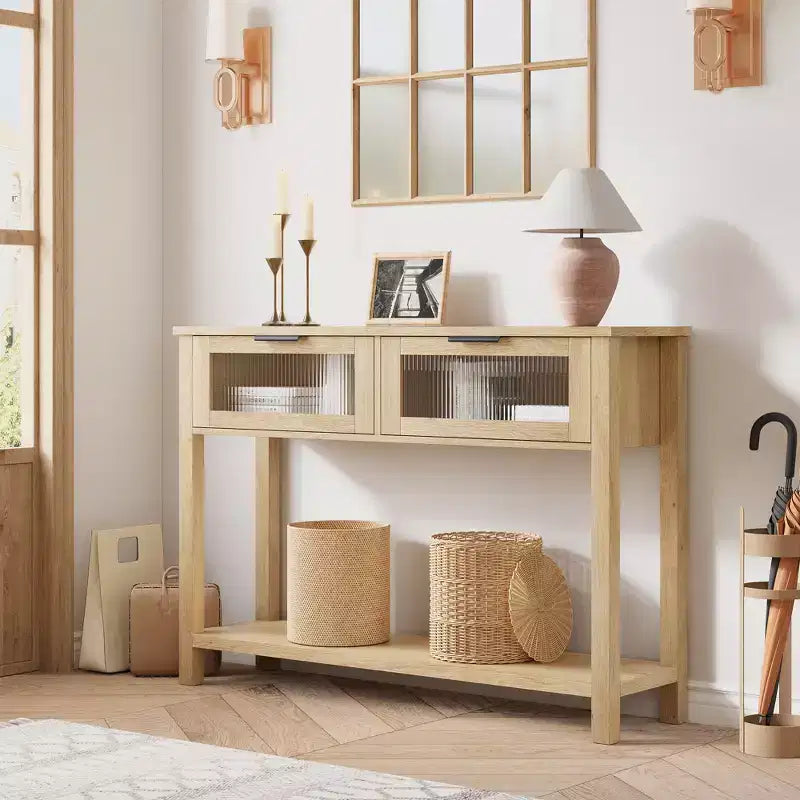 Rustic Farmhouse Console Table, 43", 2 Glass-Front Drawers, 2-Tier Open Shelf, Wooden Sofa Table