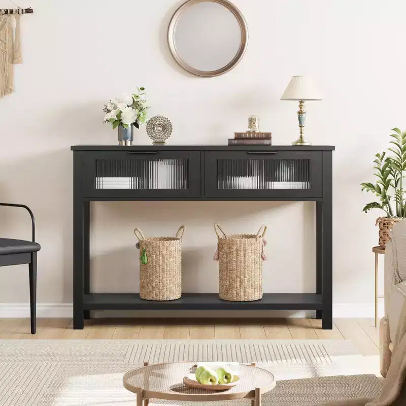 Rustic Farmhouse Console Table, 43", 2 Glass-Front Drawers, 2-Tier Open Shelf, Wooden Sofa Table
