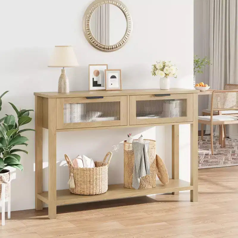 Rustic Farmhouse Console Table, 43", 2 Glass-Front Drawers, 2-Tier Open Shelf, Wooden Sofa Table