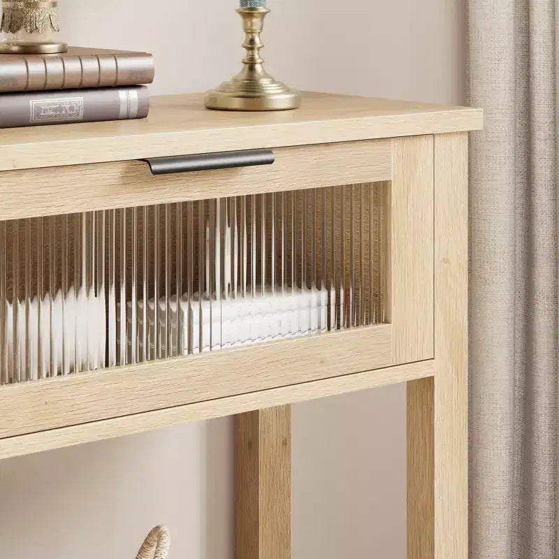 Rustic Farmhouse Console Table, 43", 2 Glass-Front Drawers, 2-Tier Open Shelf, Wooden Sofa Table