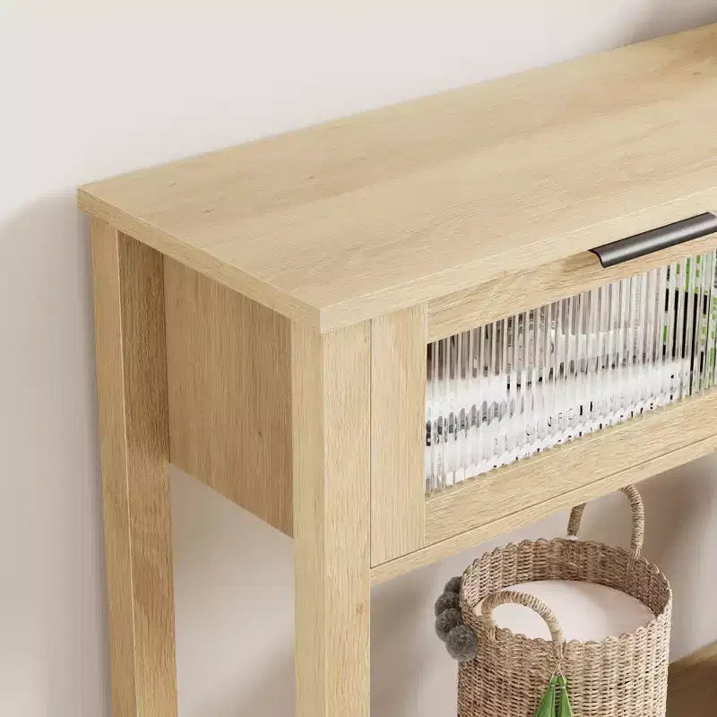 Rustic Farmhouse Console Table, 43", 2 Glass-Front Drawers, 2-Tier Open Shelf, Wooden Sofa Table