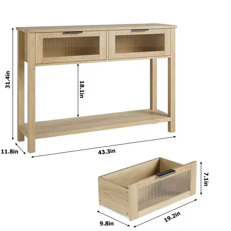 Rustic Farmhouse Console Table, 43", 2 Glass-Front Drawers, 2-Tier Open Shelf, Wooden Sofa Table