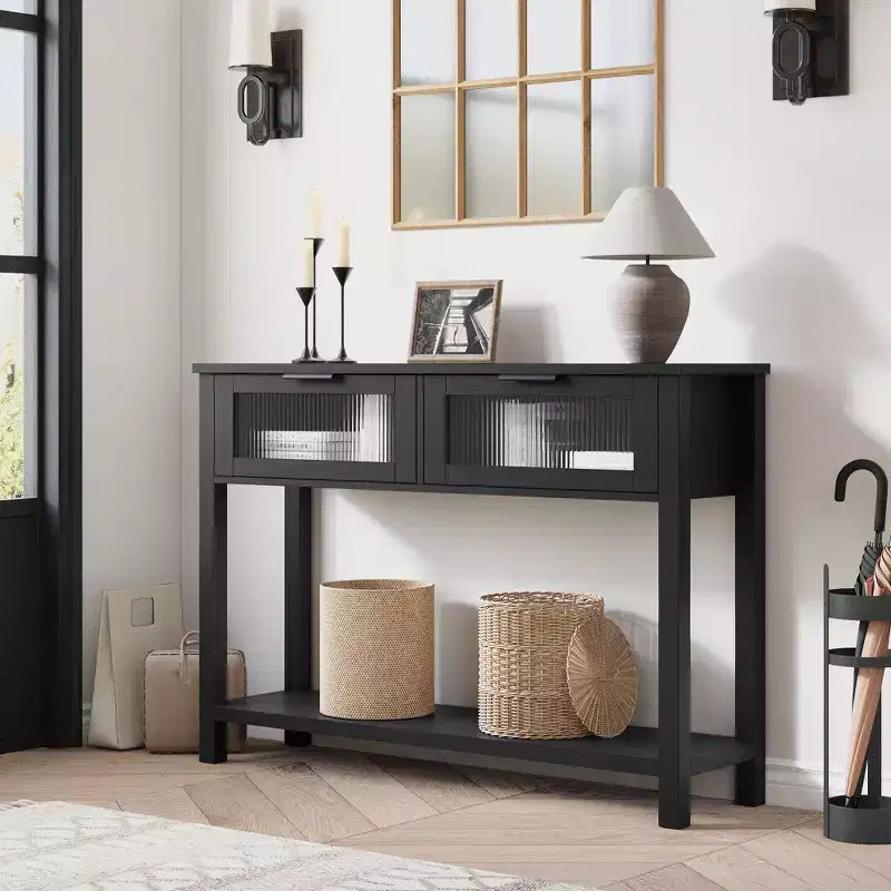 Rustic Farmhouse Console Table, 43", 2 Glass-Front Drawers, 2-Tier Open Shelf, Wooden Sofa Table