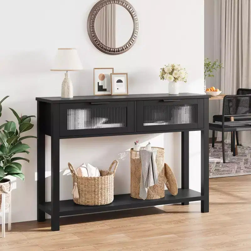 Rustic Farmhouse Console Table, 43", 2 Glass-Front Drawers, 2-Tier Open Shelf, Wooden Sofa Table