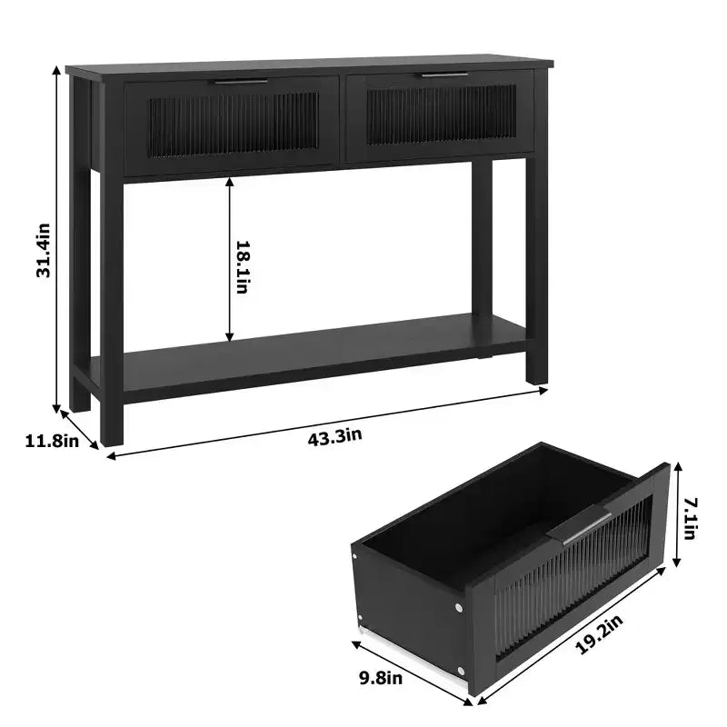 Rustic Farmhouse Console Table, 43", 2 Glass-Front Drawers, 2-Tier Open Shelf, Wooden Sofa Table