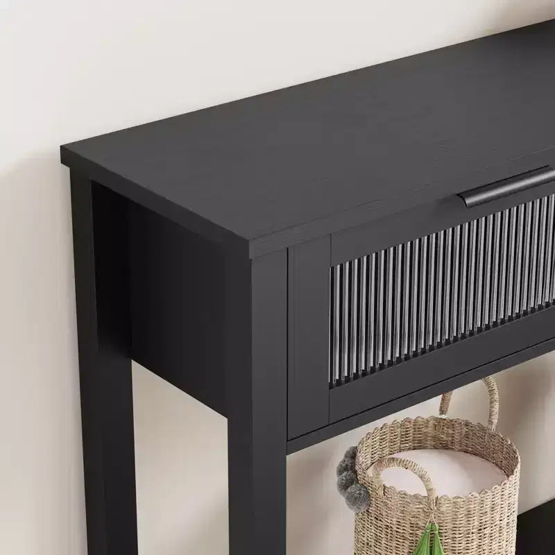 Rustic Farmhouse Console Table, 43", 2 Glass-Front Drawers, 2-Tier Open Shelf, Wooden Sofa Table