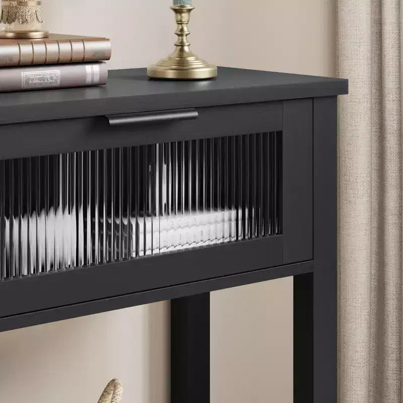 Rustic Farmhouse Console Table, 43", 2 Glass-Front Drawers, 2-Tier Open Shelf, Wooden Sofa Table
