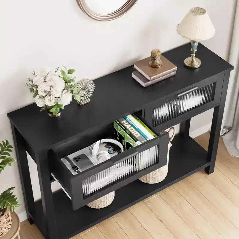 Rustic Farmhouse Console Table, 43", 2 Glass-Front Drawers, 2-Tier Open Shelf, Wooden Sofa Table