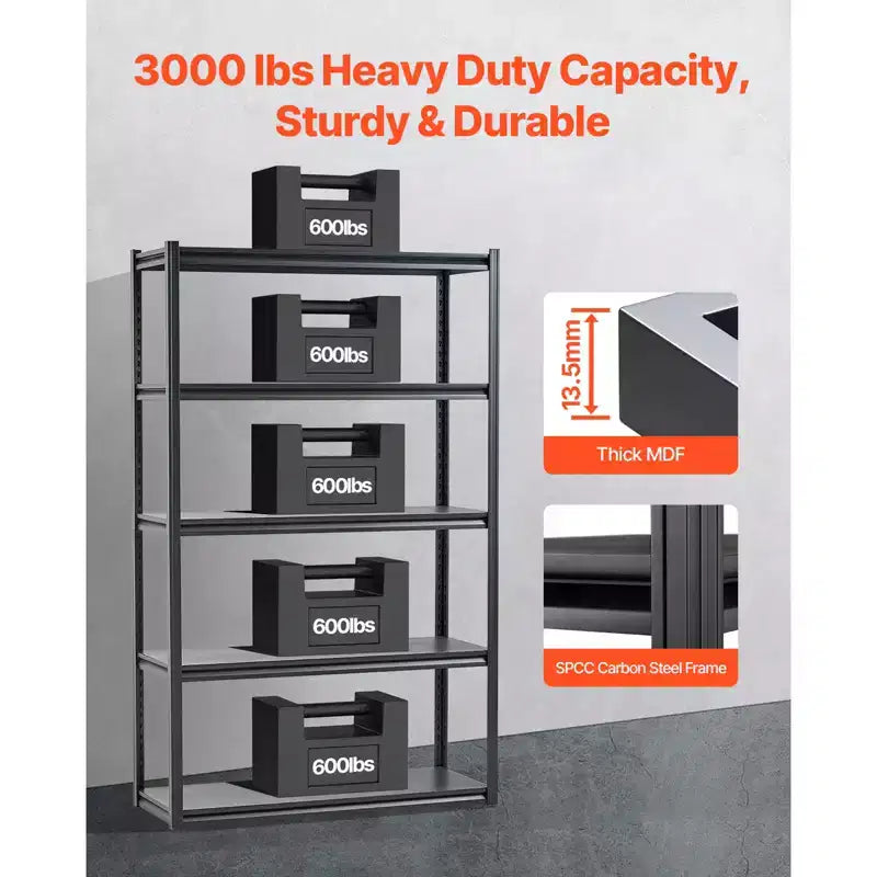 5-Tier Garage Storage Shelving, 3000 lbs Capacity, 18"Dx48"Wx78"H, Adjustable Metal Utility Rack, Black