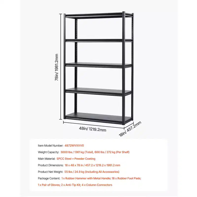 5-Tier Garage Storage Shelving, 3000 lbs Capacity, 18"Dx48"Wx78"H, Adjustable Metal Utility Rack, Black