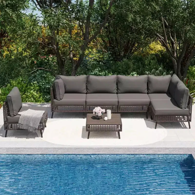 LAUSAINT HOME Ensemble de canapés d'extérieur 7 pièces, mobilier de conversation pour terrasse toutes saisons avec coussins épais