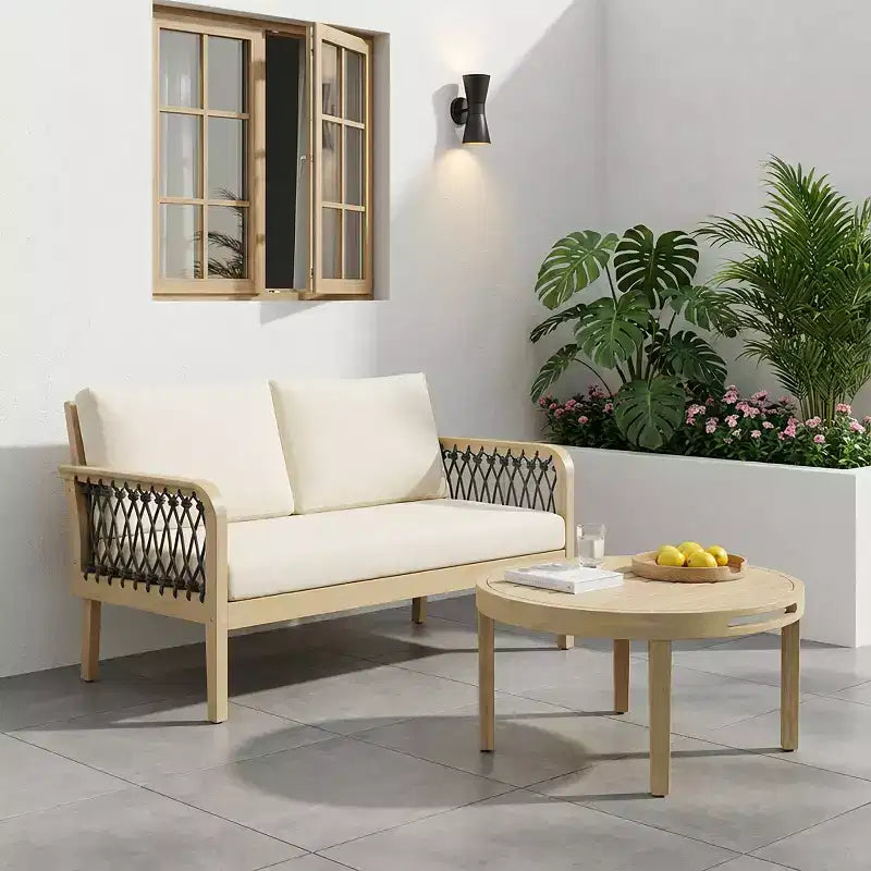 Christopher Knight Home Tzuyu Farmhouse Outdoor Acacia Wood Loveseat and Coffee Table Set with Handwoven Rope