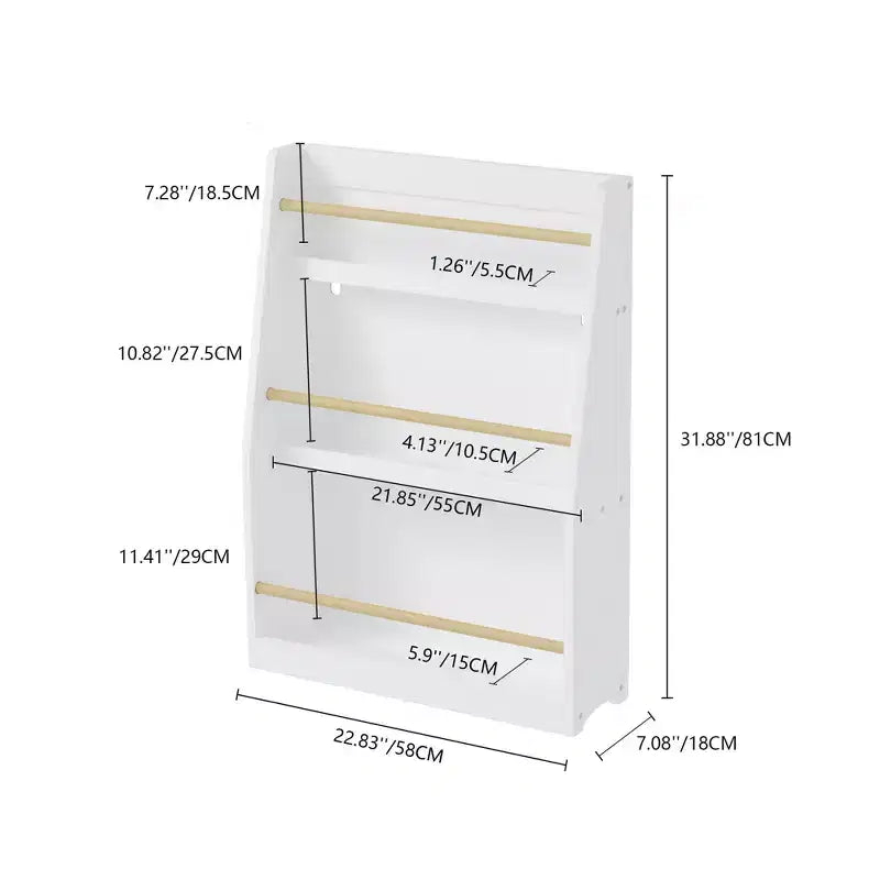 22" Three-Tier Children's Bookshelf, White, for Bedroom and Playroom, Ages 3 and Up