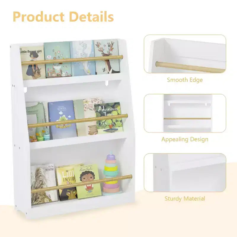 22" Three-Tier Children's Bookshelf, White, for Bedroom and Playroom, Ages 3 and Up