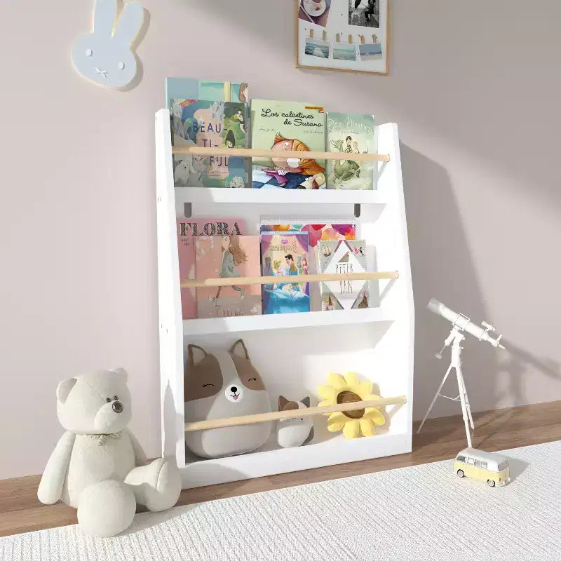 22" Three-Tier Children's Bookshelf, White, for Bedroom and Playroom, Ages 3 and Up
