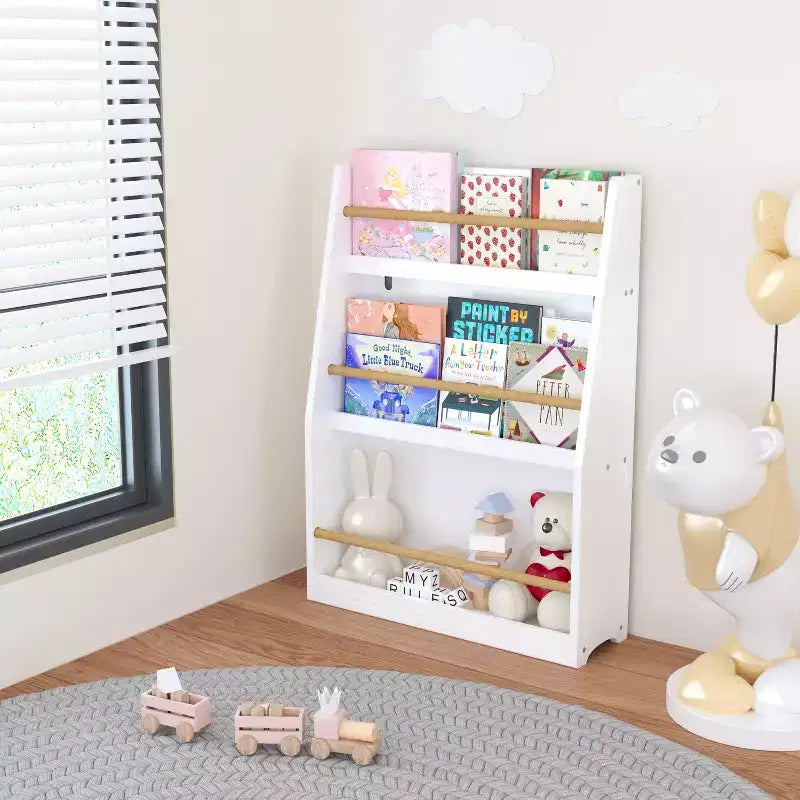 22" Three-Tier Children's Bookshelf, White, for Bedroom and Playroom, Ages 3 and Up