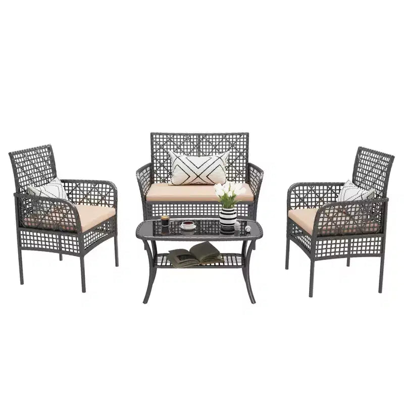 CLIHOME Ensemble mobilier d'extérieur 4 pièces en rotin pour patio