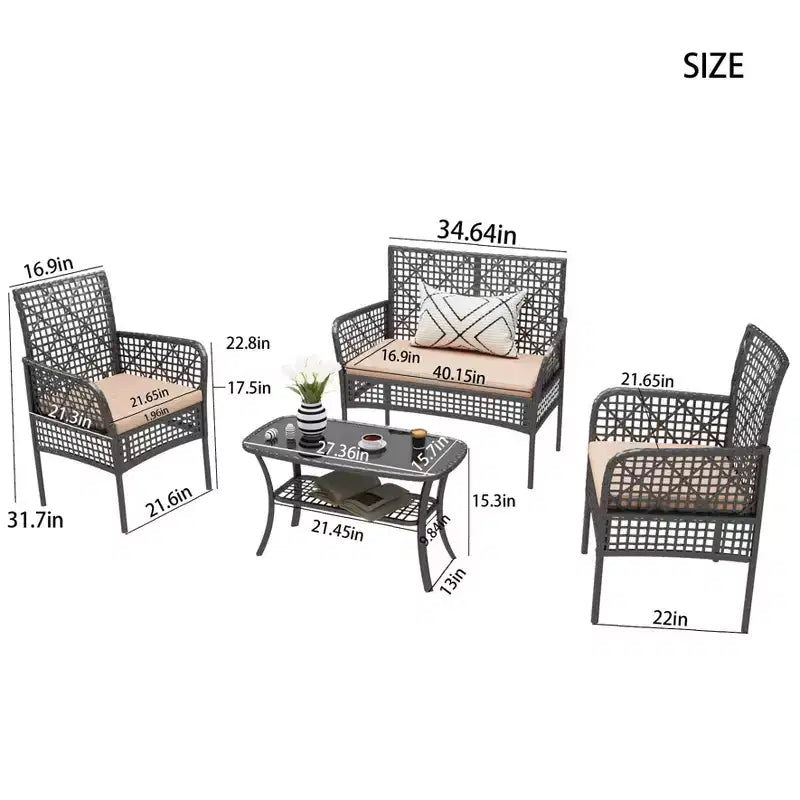 CLIHOME Ensemble mobilier d'extérieur 4 pièces en rotin pour patio