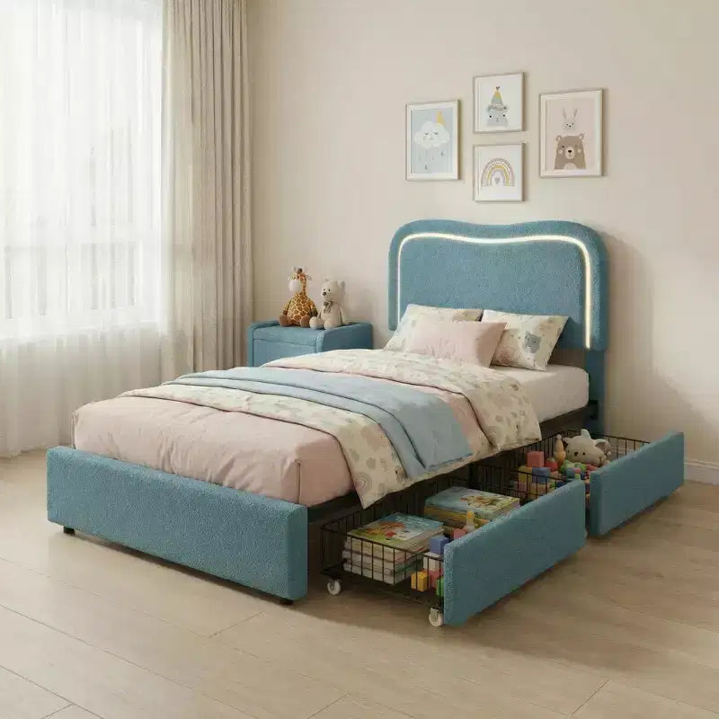 Boucle Twin Bed Frame with LED Headboard & Storage Drawers,Upholstered Platform Bed, Solid Wood Slats, No Box Spring Needed for Kids & Teens