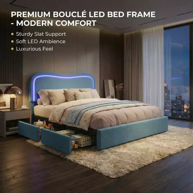 Boucle Twin Bed Frame with LED Headboard & Storage Drawers,Upholstered Platform Bed, Solid Wood Slats, No Box Spring Needed for Kids & Teens