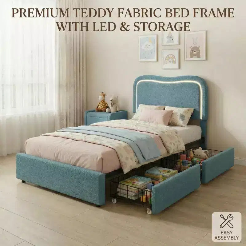 Boucle Twin Bed Frame with LED Headboard & Storage Drawers,Upholstered Platform Bed, Solid Wood Slats, No Box Spring Needed for Kids & Teens